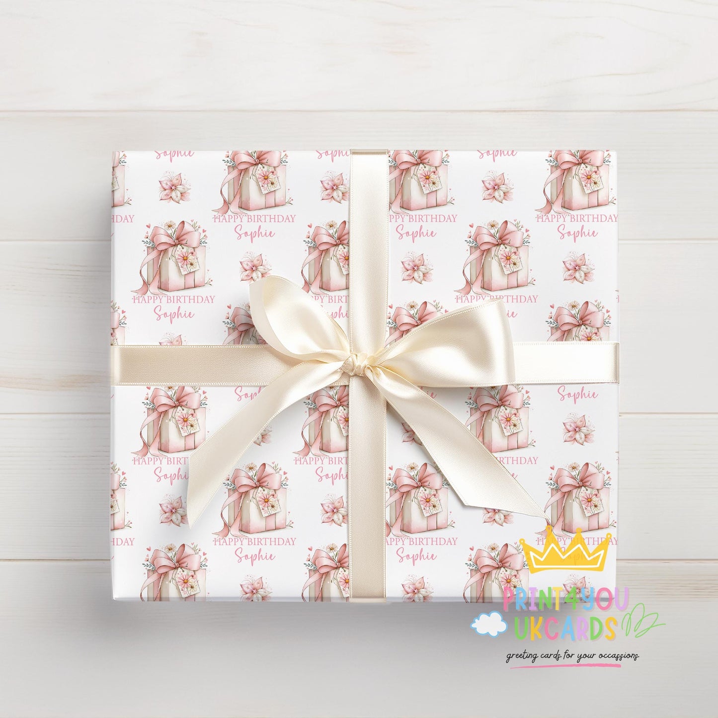 Roll of personalised pink floral wrapping paper packaged in a postal tube ready for delivery.