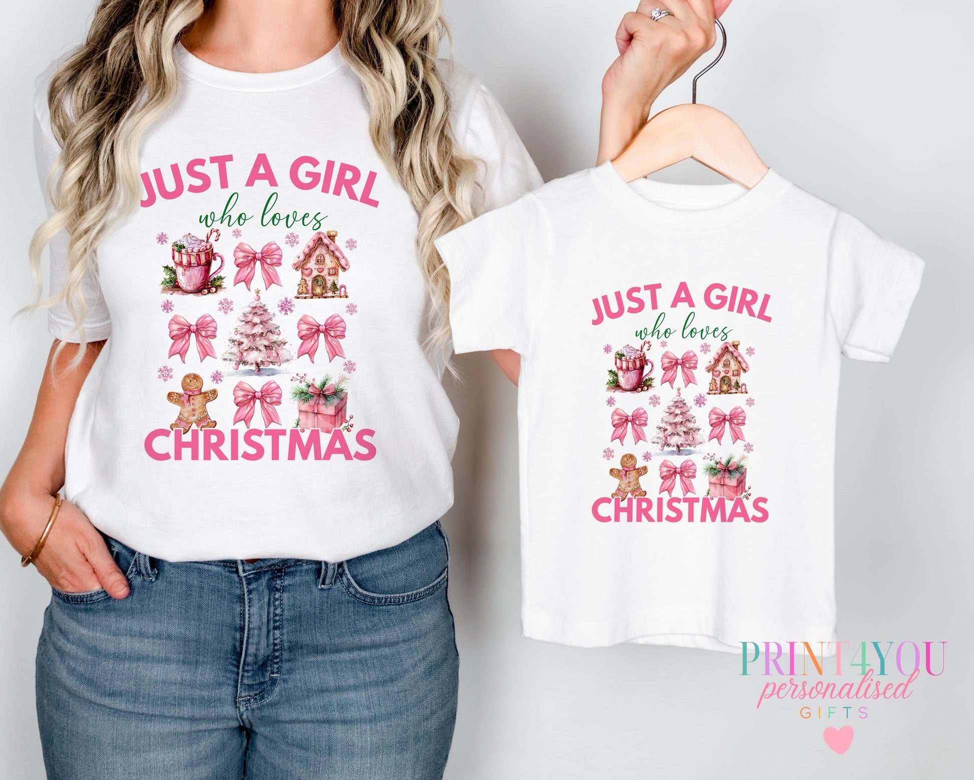 Mum and daughter wearing matching personalised pink Christmas t-shirts, Just A Girl Who Loves Christmas design with custom name