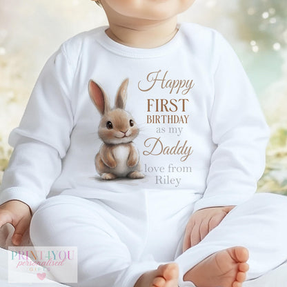 Daddy Bunny first birthday vest personalised with baby's name, laid flat.