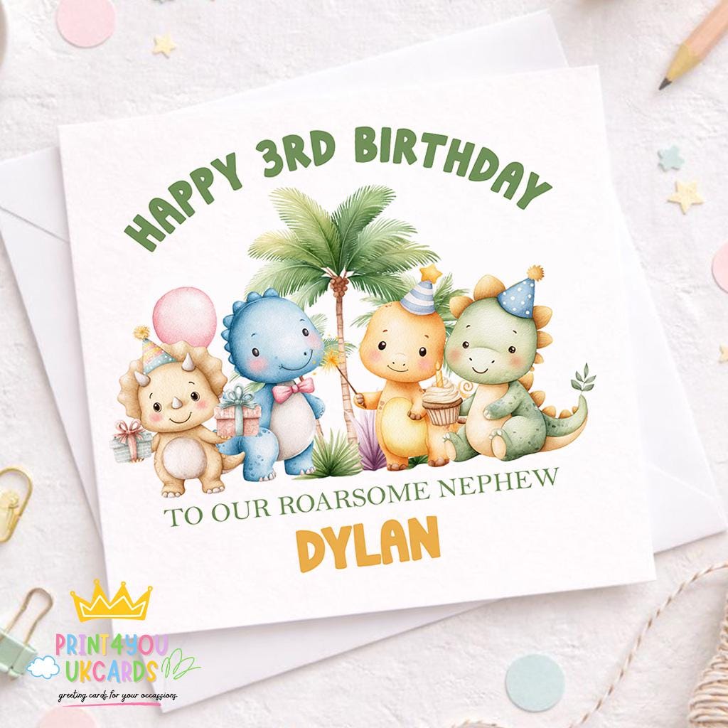 Square personalised greeting card featuring a colourful dinosaur birthday design with space for a custom name and age