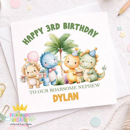 Square personalised greeting card featuring a colourful dinosaur birthday design with space for a custom name and age