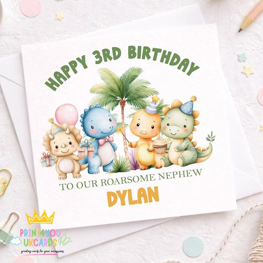 Square personalised greeting card featuring a colourful dinosaur birthday design with space for a custom name and age
