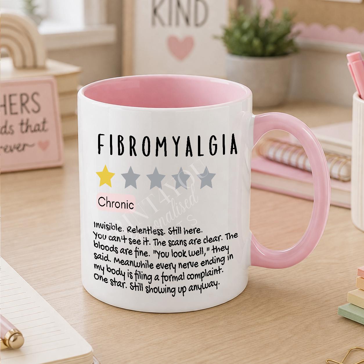 White ceramic mug printed with a fibromyalgia and chronic illness awareness design, personalised with a name