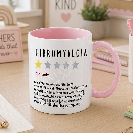 White ceramic mug printed with a fibromyalgia and chronic illness awareness design