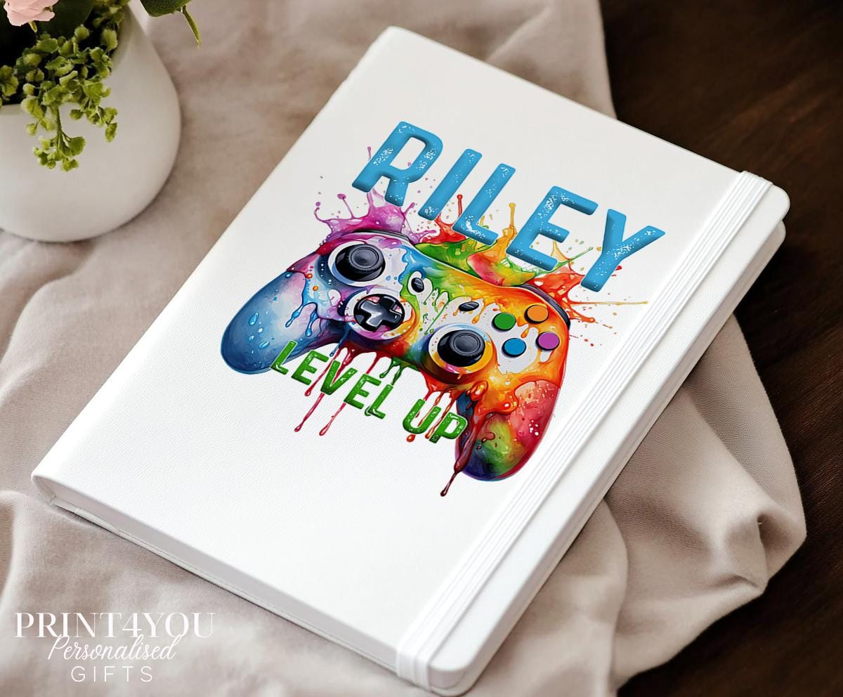 Personalised gamer notebook PU leather journal with game controller 'LEVEL UP' design and custom name