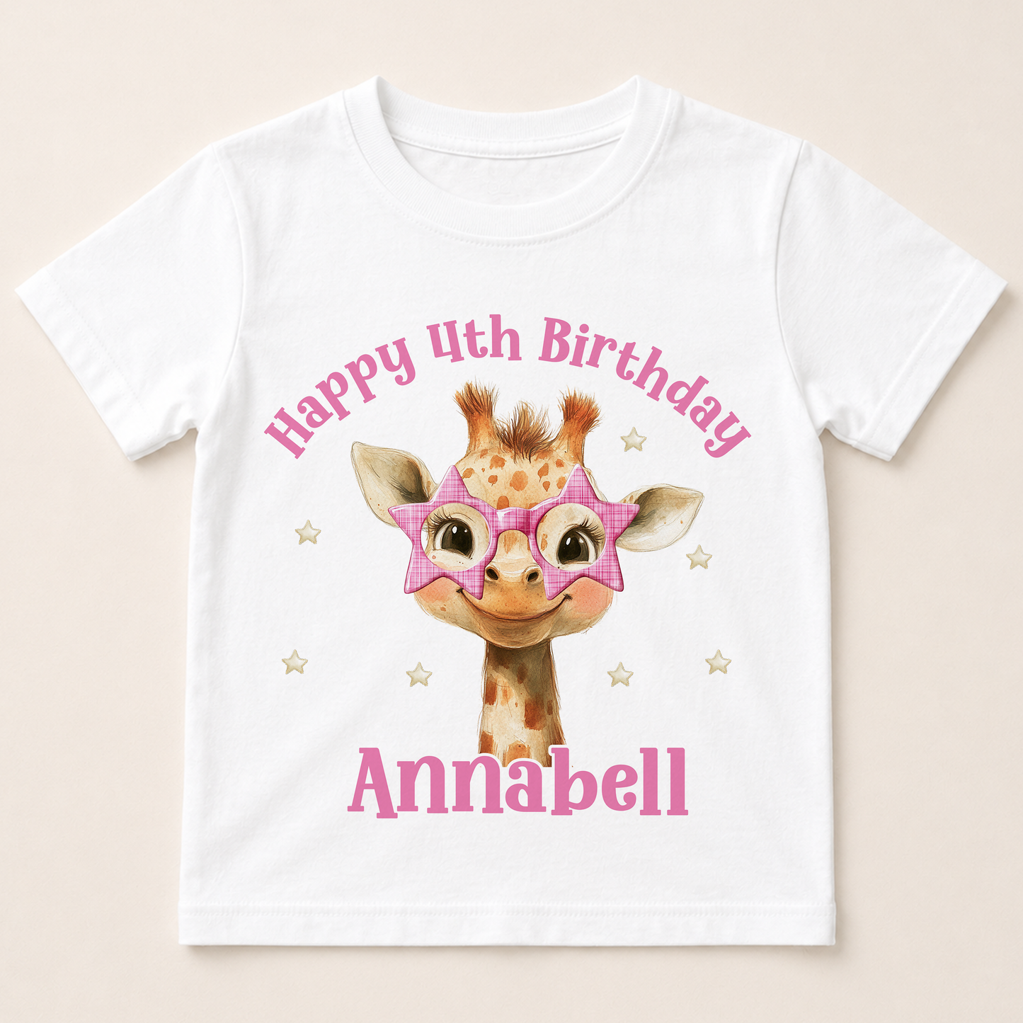 White cotton birthday t-shirt printed with a cartoon giraffe wearing pink star-shaped glasses, personalised with a custom name and age birthday message