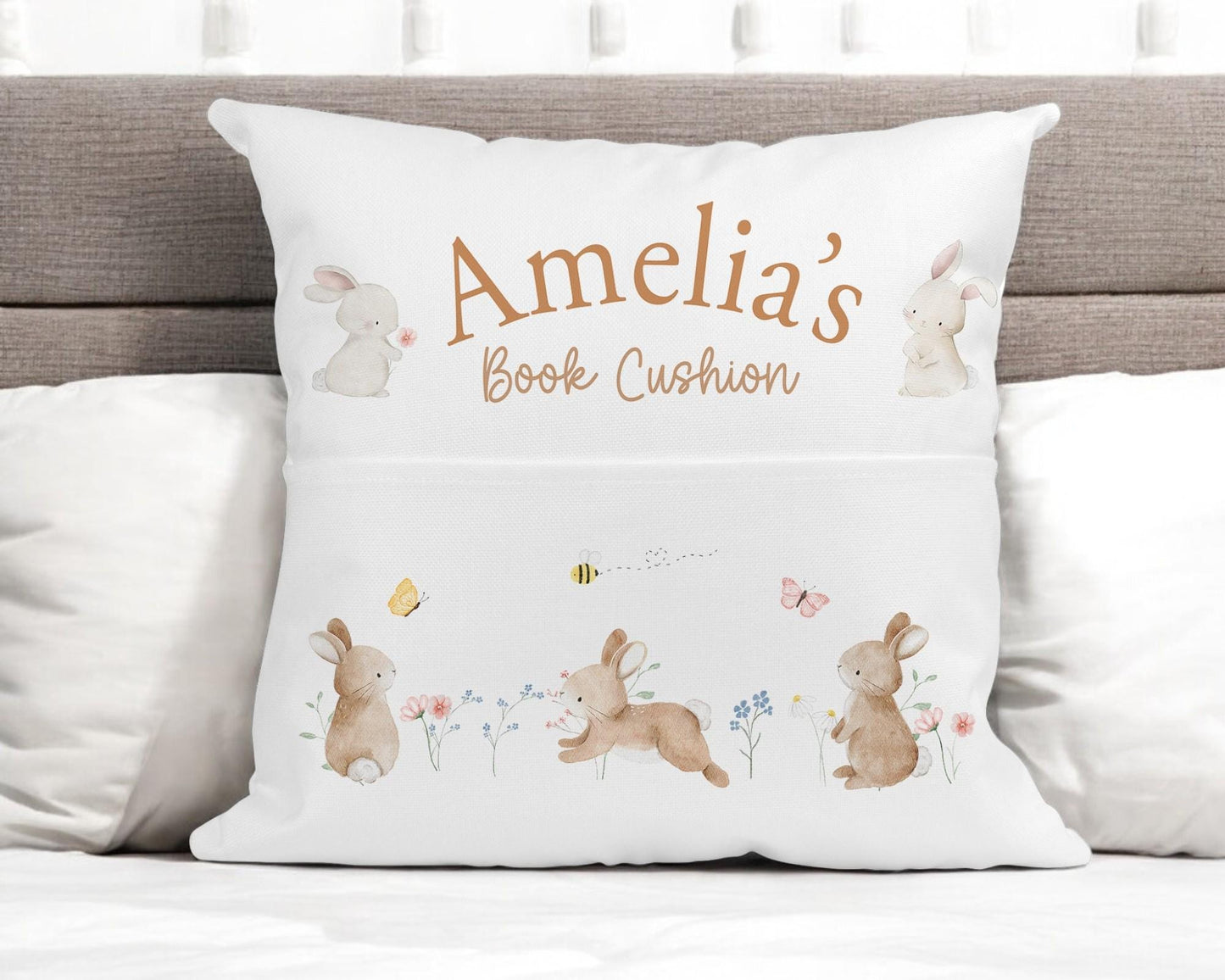 Personalised bunny book cushion bundled with a soft pink velveteen toy bunny