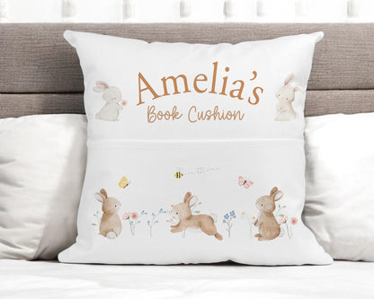 Personalised bunny book cushion bundled with a soft pink velveteen toy bunny