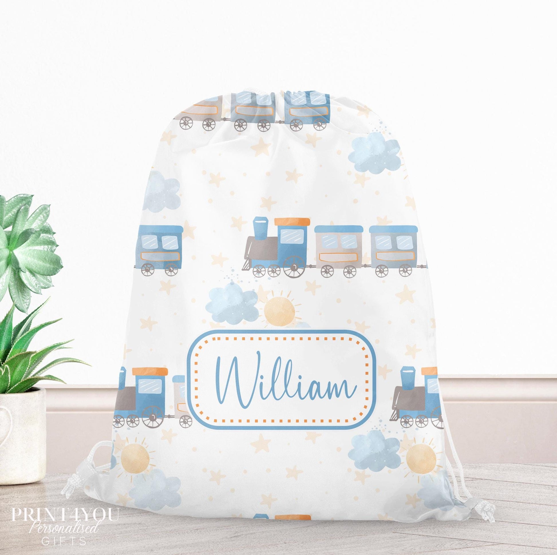 Personalised pastel train drawstring bag with clouds and sunshine, printed with a custom name on the front