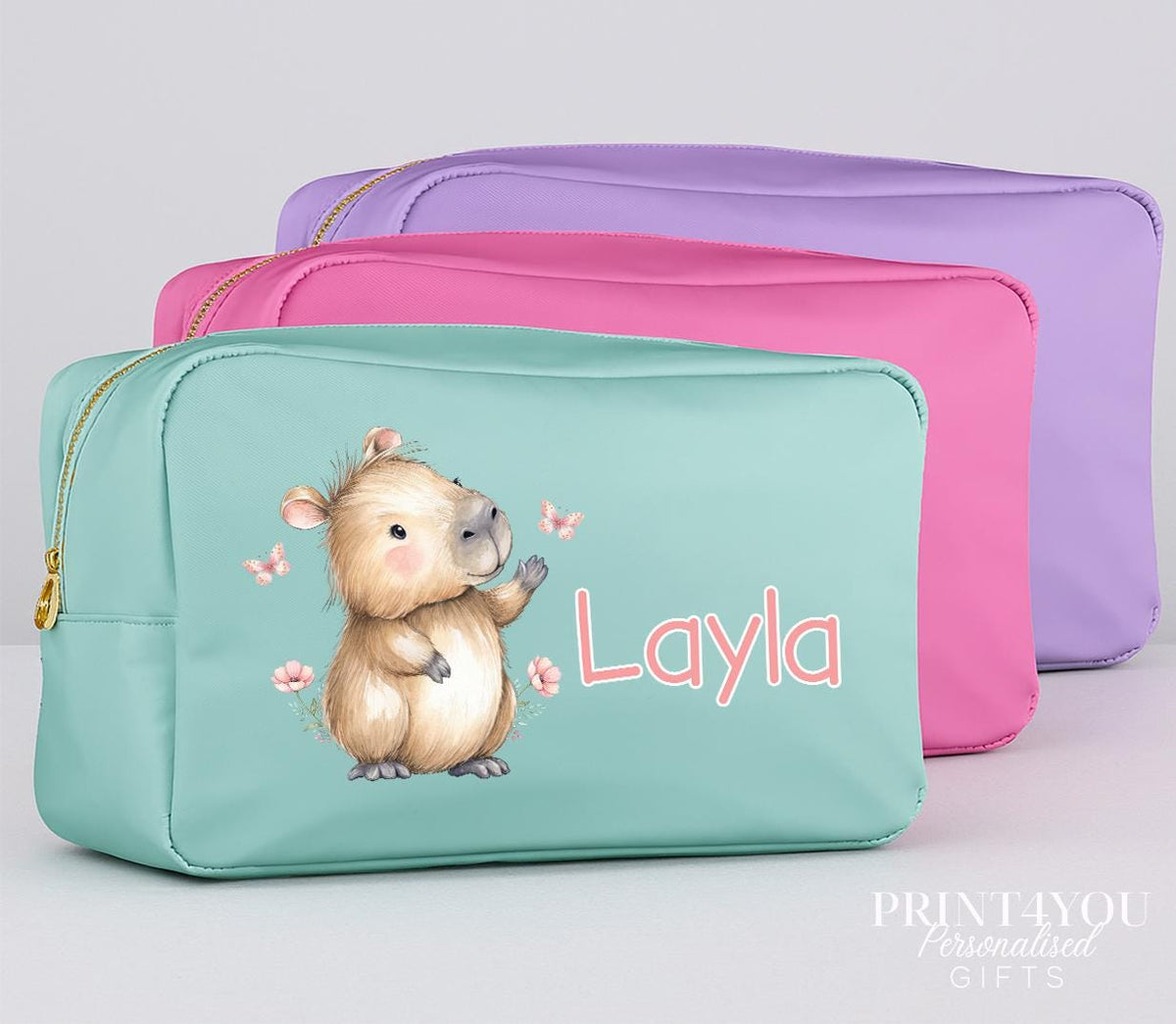 Personalised Capybara Makeup Bag – Custom Name Cosmetic Bag, Kids Pencil Case, Baby Nappy Organiser, Cute Capybara Gift - Mint