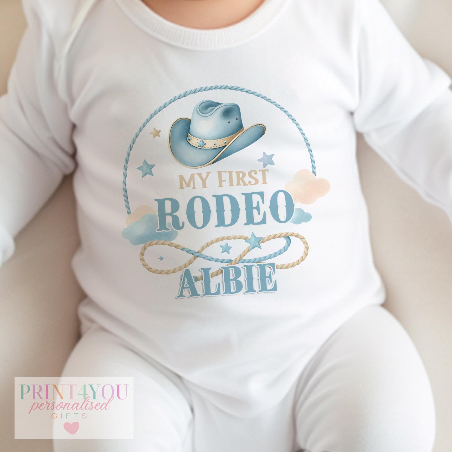 Personalised Baby Cowboy Outfit – Blue Cowboy Hat Vest & Sleepsuit Set | First Birthday Gift