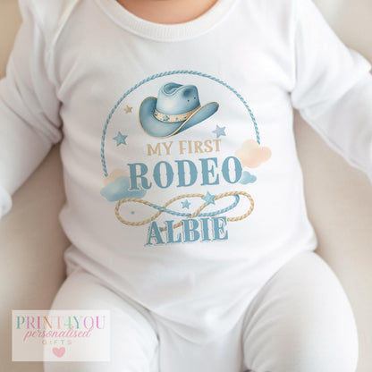 Personalised Baby Cowboy Outfit – Blue Cowboy Hat Vest & Sleepsuit Set | First Birthday Gift