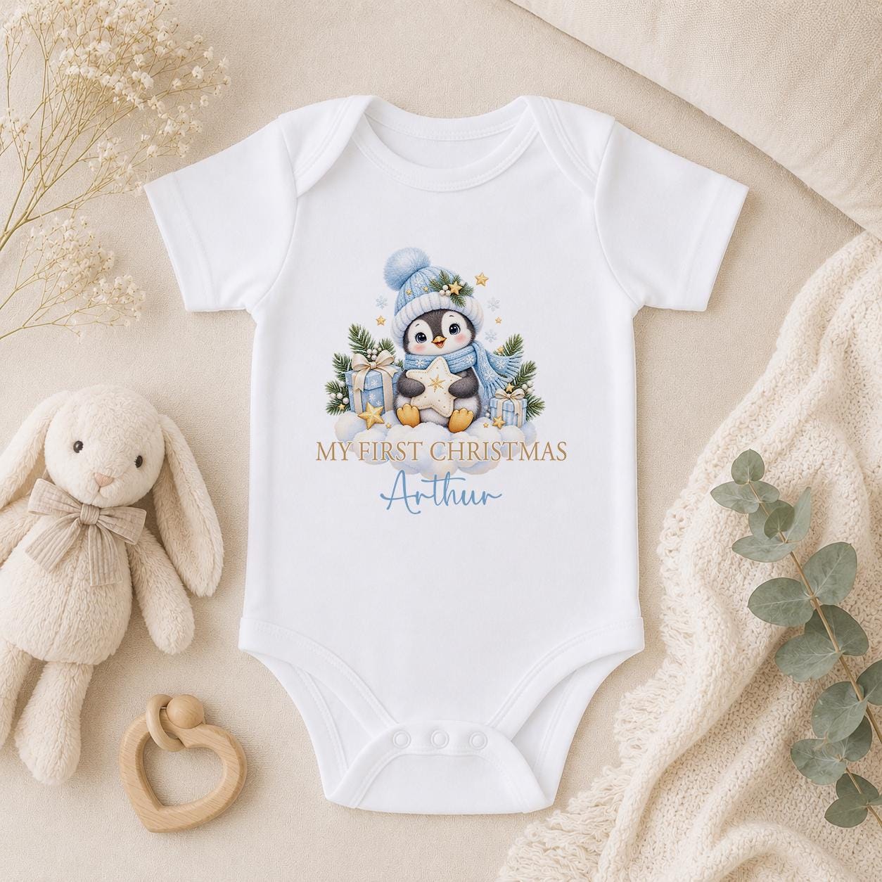Personalised Baby Christmas Outfit 2026, Penguin Vest Sleepsuit, Bib
