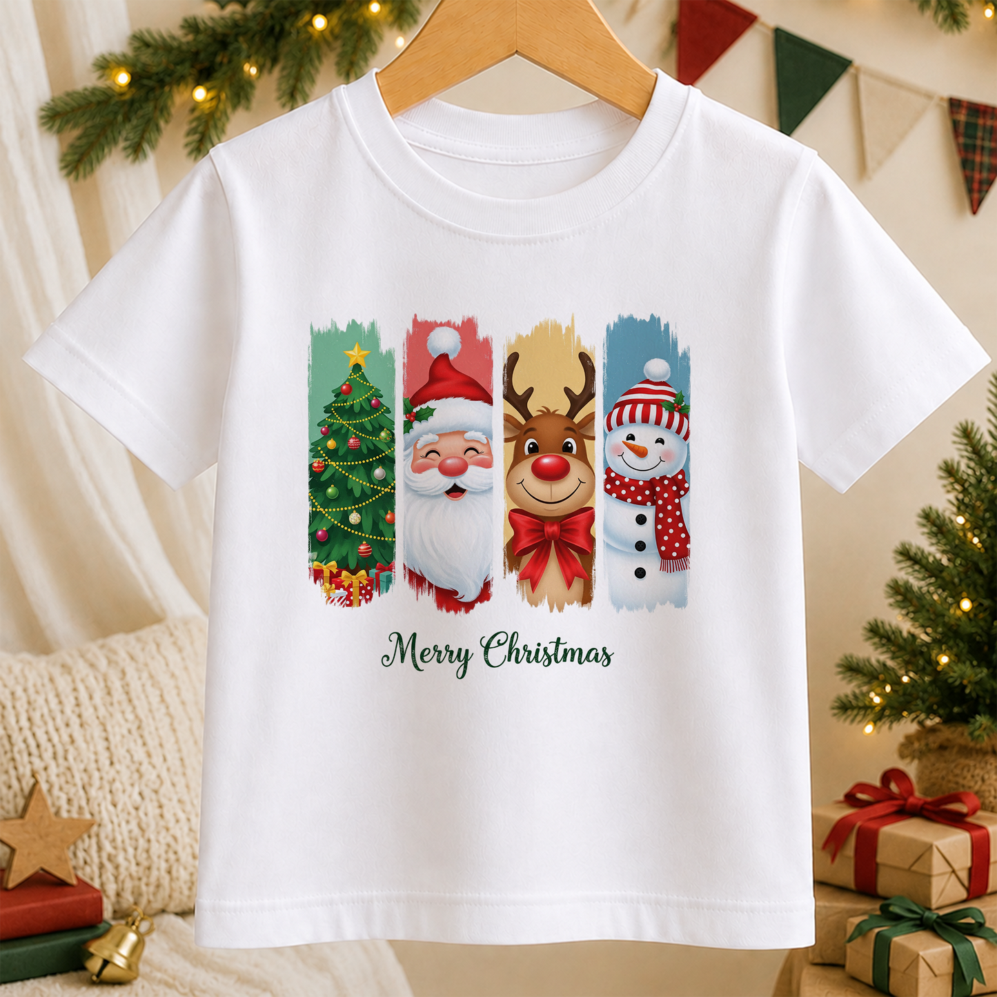 A white t-shirt with a festive Christmas-themed graphic design featuring Santa Claus, a reindeer, a snowman, and a smiling Christmas tree.