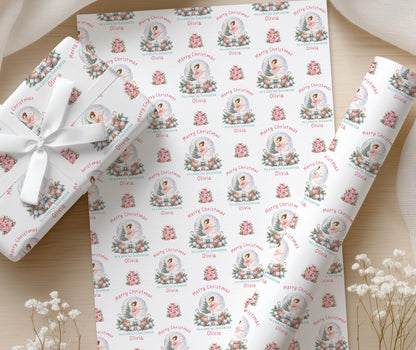 Personalised Ballerina Christmas Wrapping Paper, Pink Snow Globe Wrap