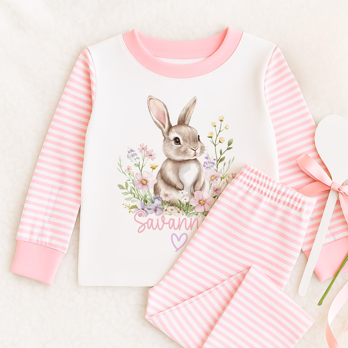 Personalised pink striped pyjamas with bunny and flowers design, size 6-12 months