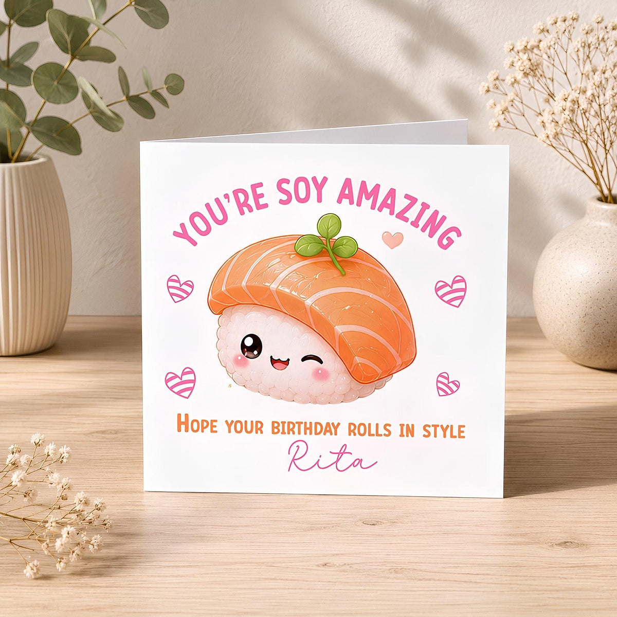 Second view of the personalised kawaii sushi birthday card, showing the front and inside printing options.