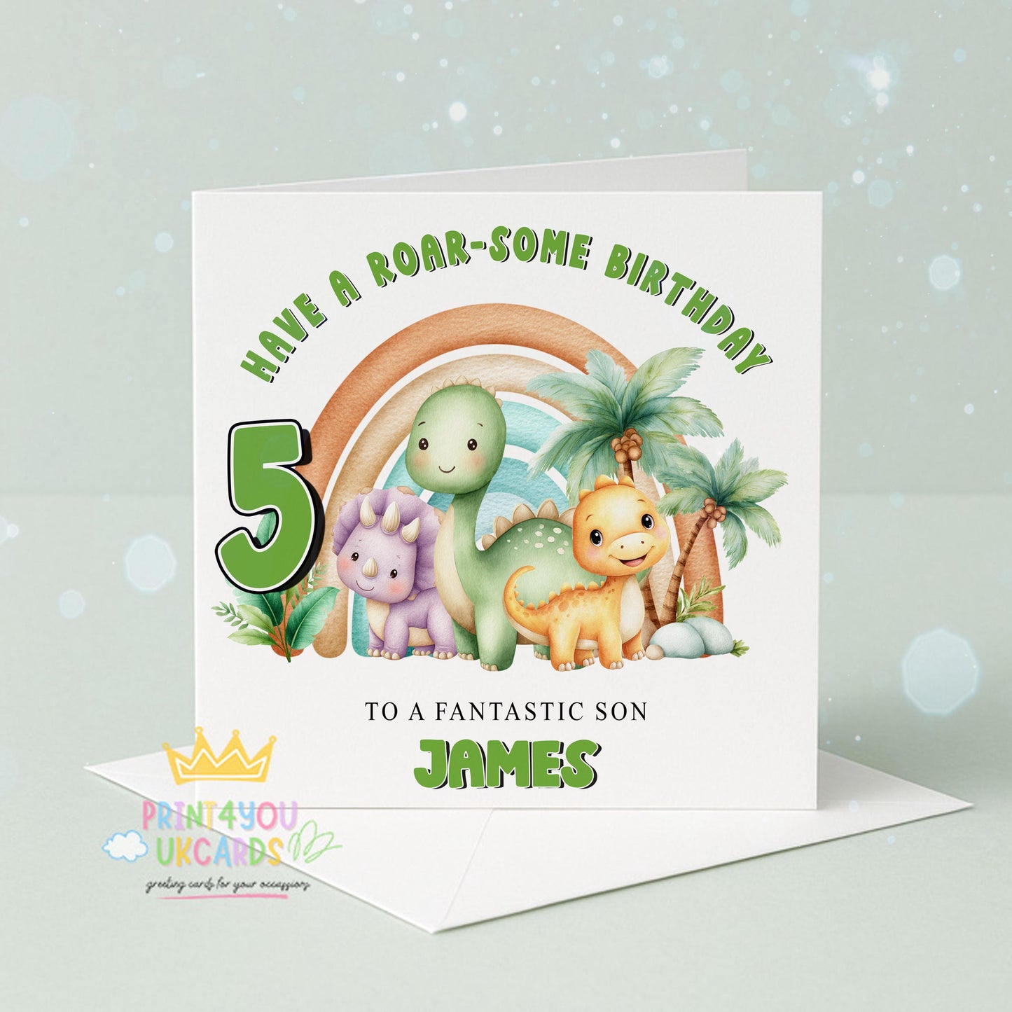 Front view of the personalised rainbow dinosaur birthday card printed on 350gsm card stock.