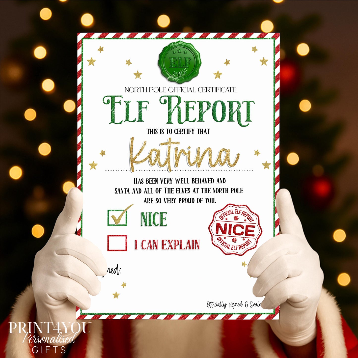 Personalised Elf Report Christmas certificate on A4 gloss card, showing the North Pole nice list report with a custom child's name and Elf's name