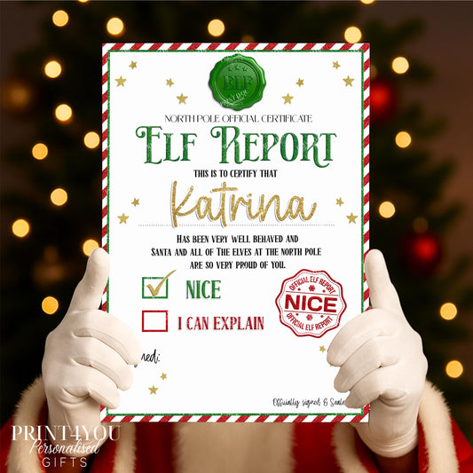 Personalised Elf Report – Christmas Certificate on A4 Gloss Card – Kids Festive Gift
