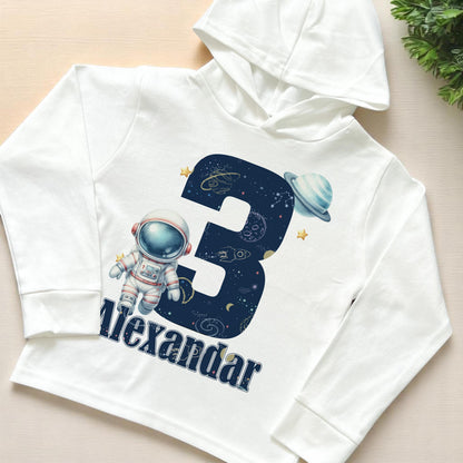 White personalised space astronaut birthday hooded long-sleeve top, lightweight cotton jersey, size 6-12 months