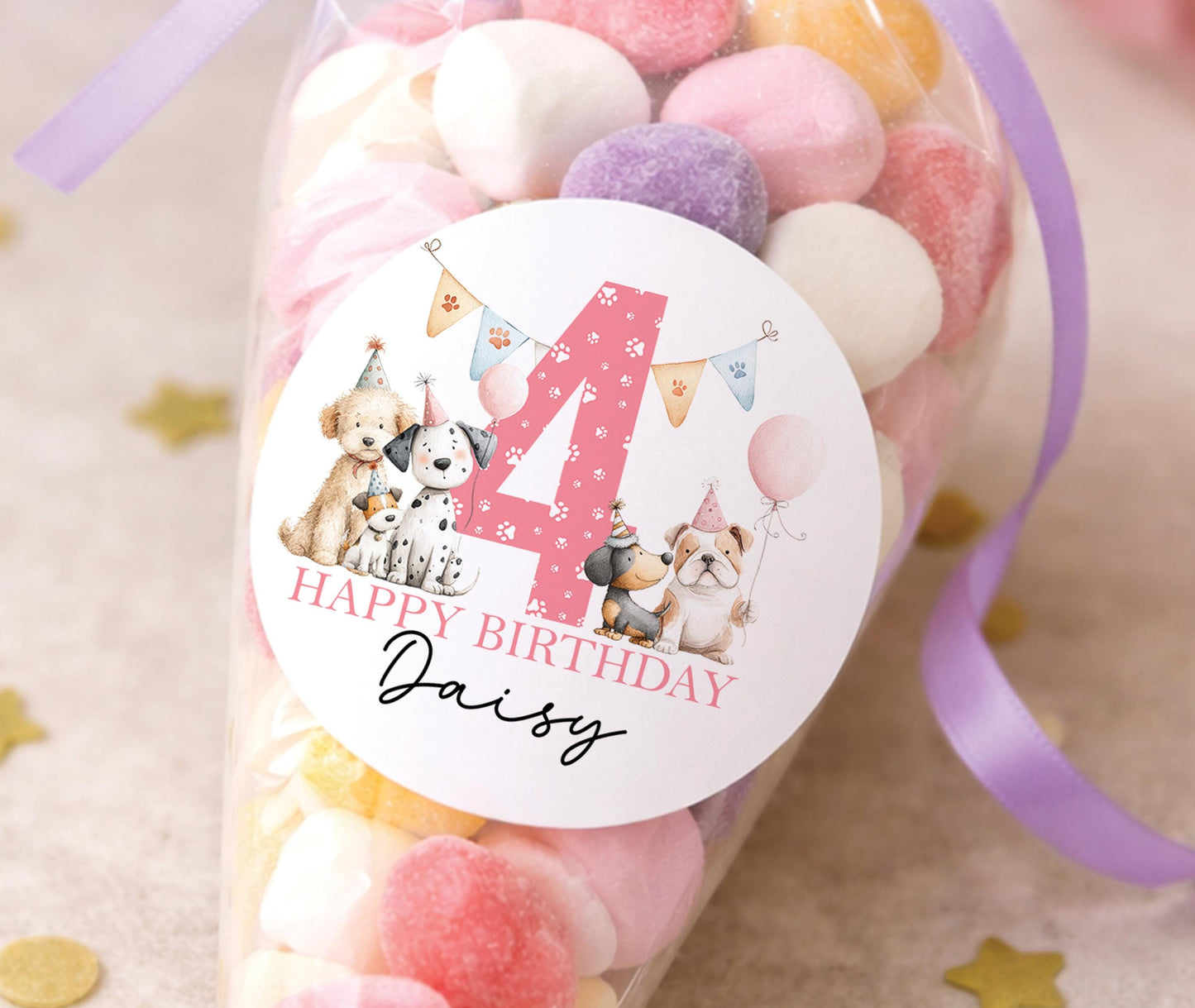 Sheet of glossy round stickers featuring a pink puppy birthday design, personalised with a child's name, for girls' party bags