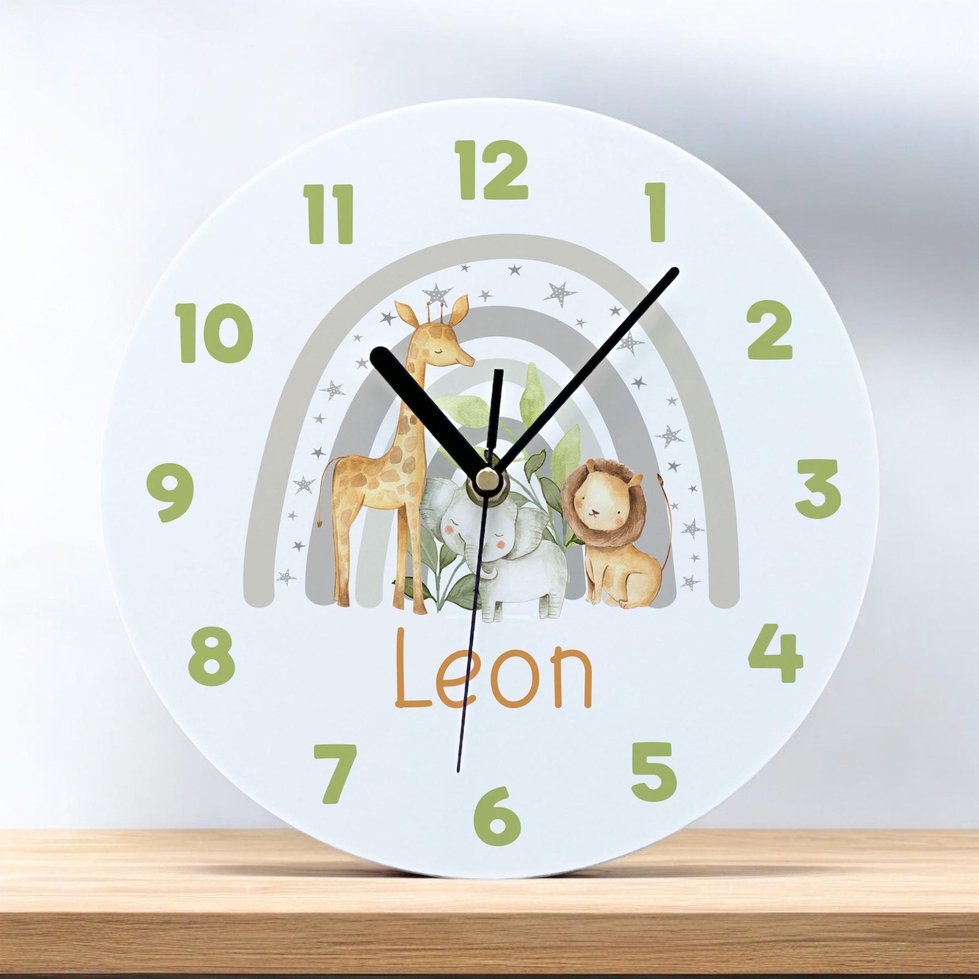 Close-up of the personalised grey safari animals acrylic clock face