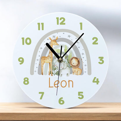 Close-up of the personalised grey safari animals acrylic clock face