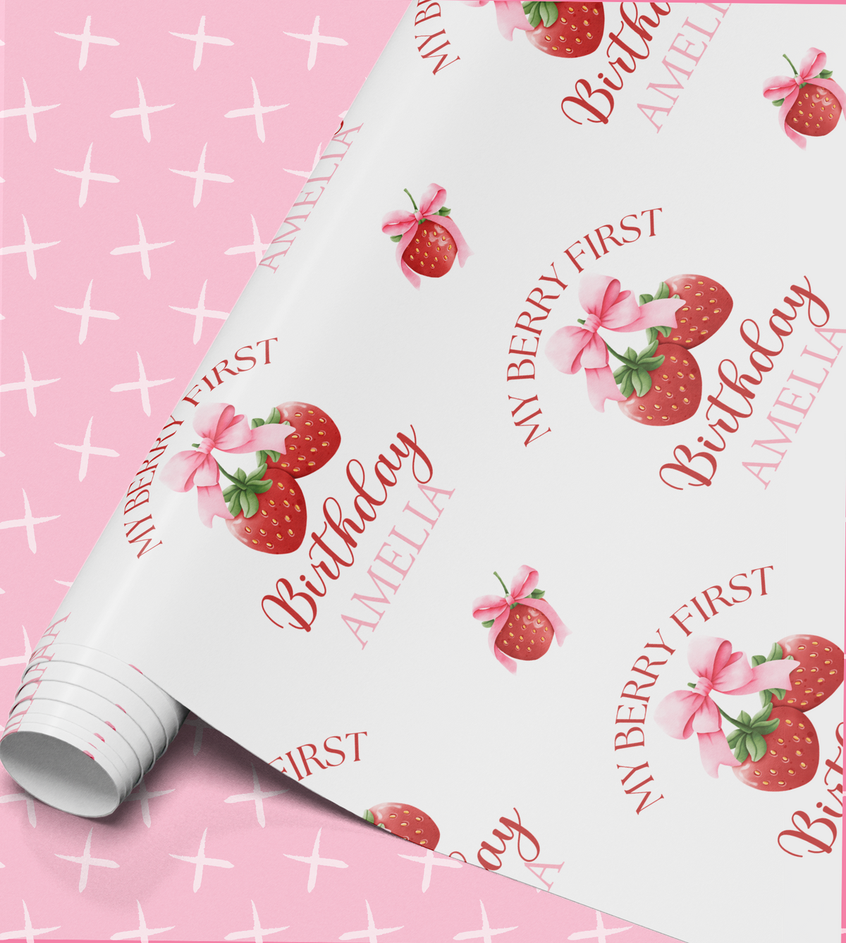 a pink background with a repeating pattern of strawberries and bows. The pattern includes the text "My Berry First" and "Amelia" written around the strawberries and bows.