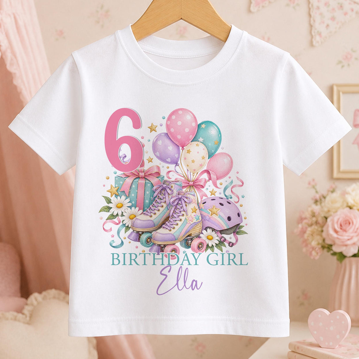 Personalised white t-shirt with pastel watercolour roller skates, a helmet, daisies and balloons, an age number and Birthday Girl above a name