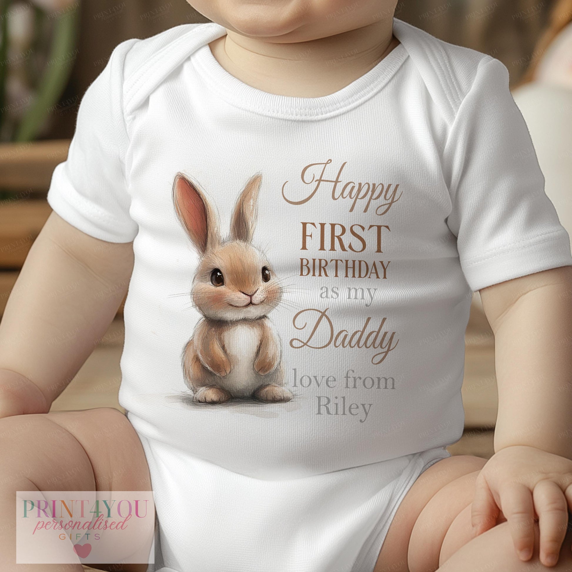 Personalised Daddy Bunny first birthday vest, customised with your baby's name.