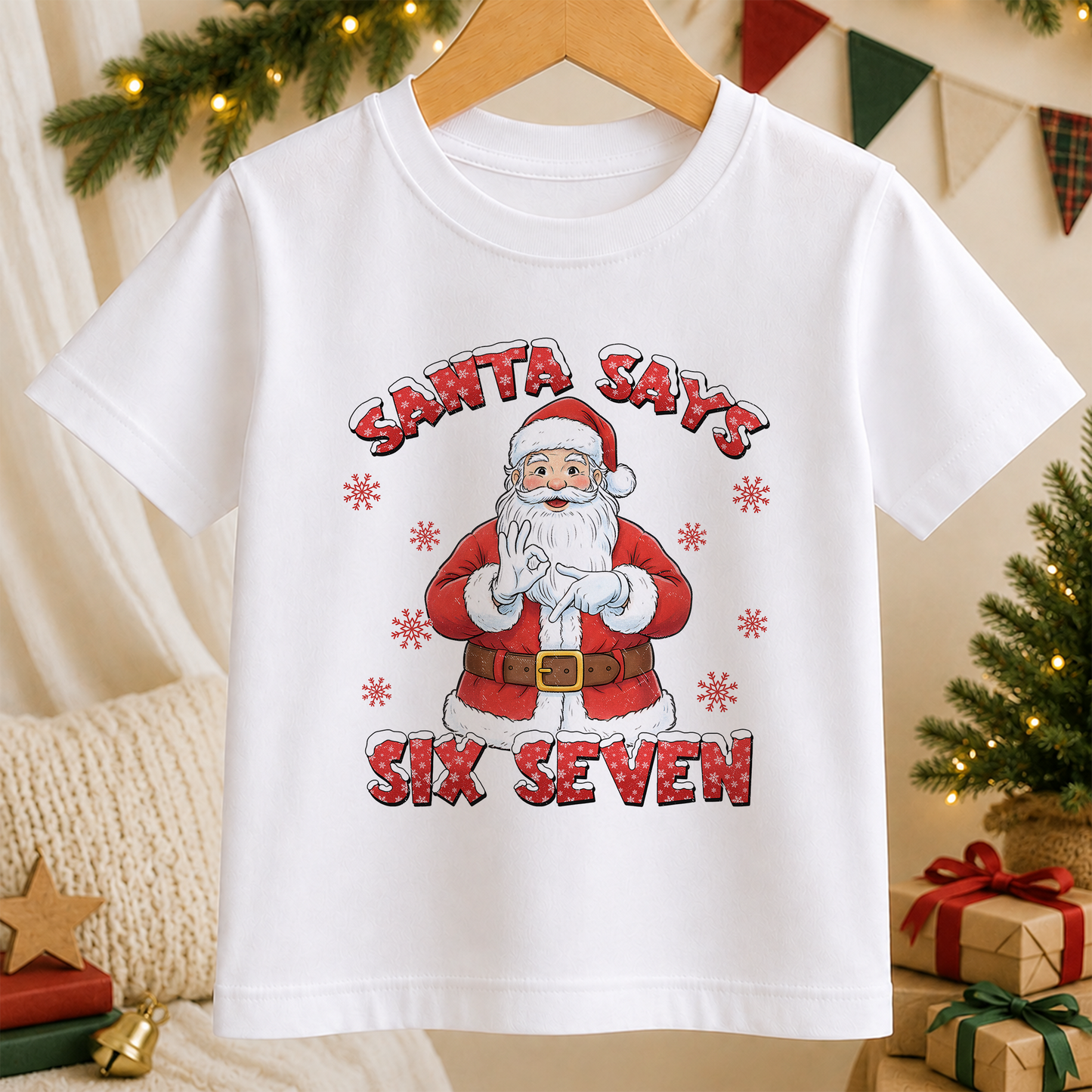 A white t-shirt with a graphic design featuring a cartoon Santa Claus holding a sign that says "Santa Says Six Seven".