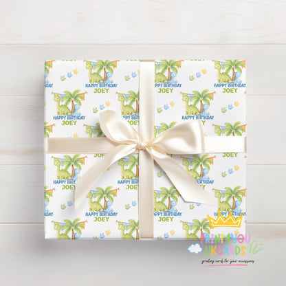 Roll of personalised dinosaur wrapping paper packaged in a postal tube ready for delivery.