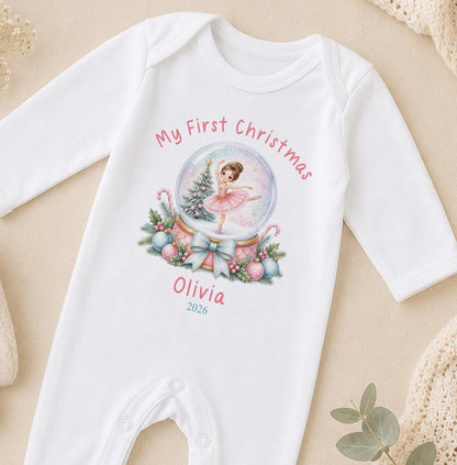 Personalised Baby Christmas Outfit - Ballerina Snow Globe, First Christmas 2026