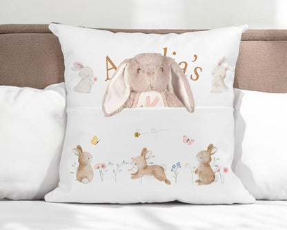 Personalised bunny book cushion bundled with a soft brown velveteen toy bunny