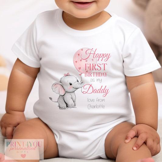 Personalised pink elephant birthday bib printed with 'Happy First Birthday as my Daddy' and custom name