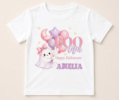 Personalised Halloween t-shirt for kids, white cotton tee printed with a ghost holding balloons, BOO-tiful, Happy Halloween and a name