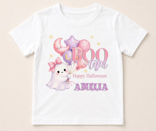 Personalised Halloween t-shirt for kids, white cotton tee printed with a ghost holding balloons, BOO-tiful, Happy Halloween and a name