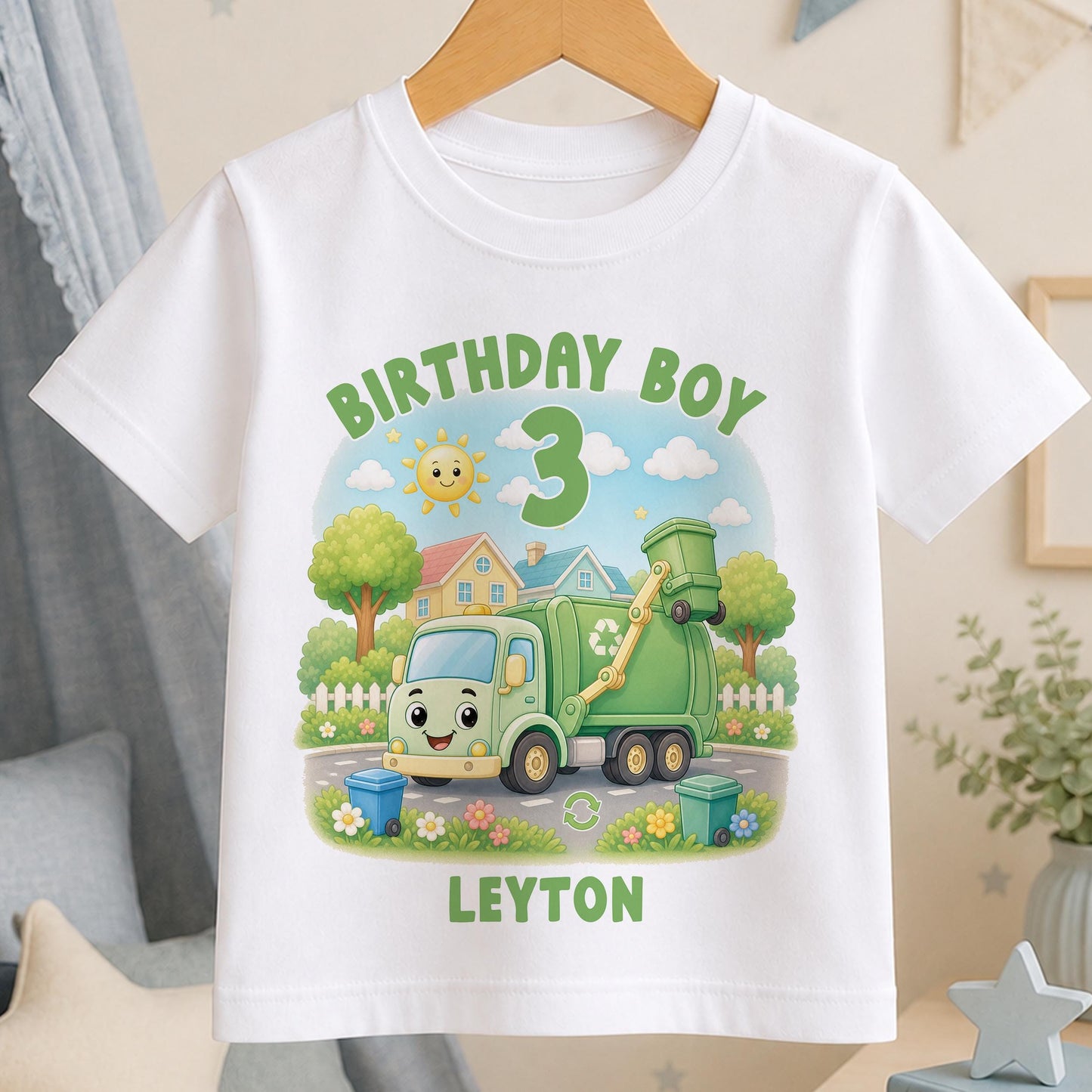 Personalised Garbage Truck Birthday Shirt - Green Recycle Truck Tee