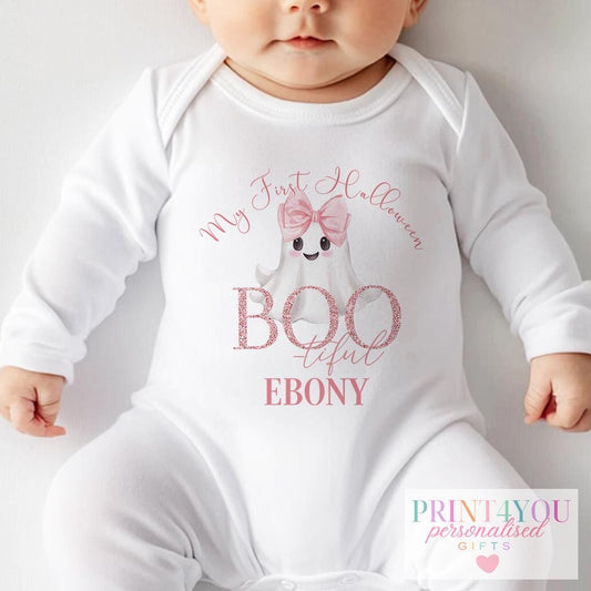 Personalised pink ghost Halloween baby bib with custom name print