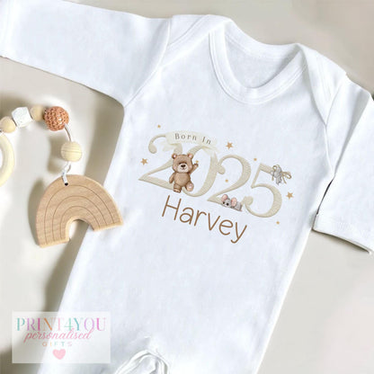 Personalised teddy bear and mouse baby vest with custom name printed on soft cotton.