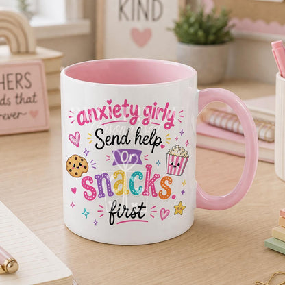 Pink ceramic mug printed with a funny snack lover anxiety design, personalised with a name