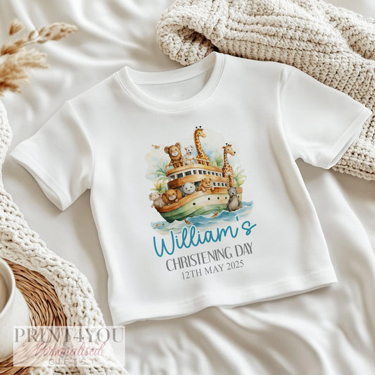 Personalised Noah's Ark christening vest, printed with baby's name and christening date.