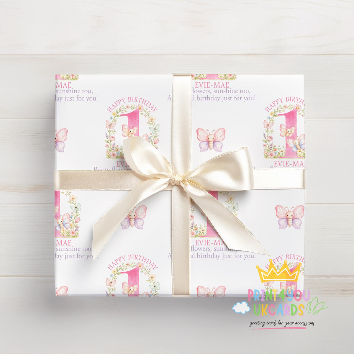 Personalised floral butterfly wrapping paper sheet laid flat showing the full pattern