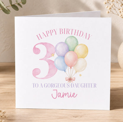 Personalised birthday card design with pastel balloons and a large personalised number for a girl's birthday.