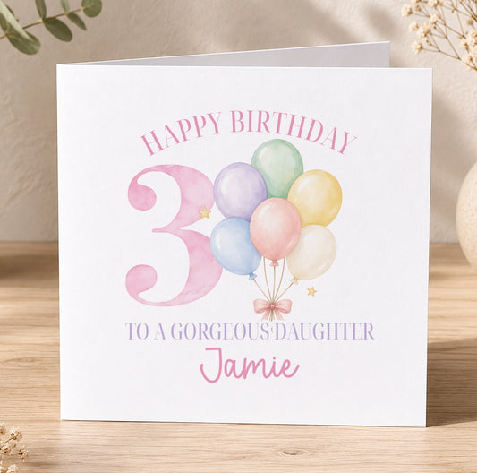 Personalised birthday card design with pastel balloons and a large personalised number for a girl's birthday.