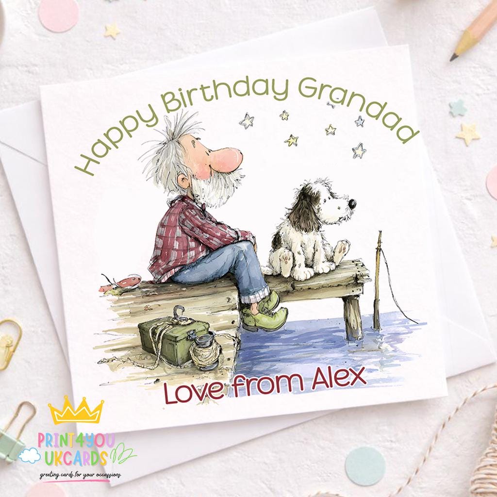 Square personalised grandad birthday card with a fishing and dog illustration design, shown as a printed card.