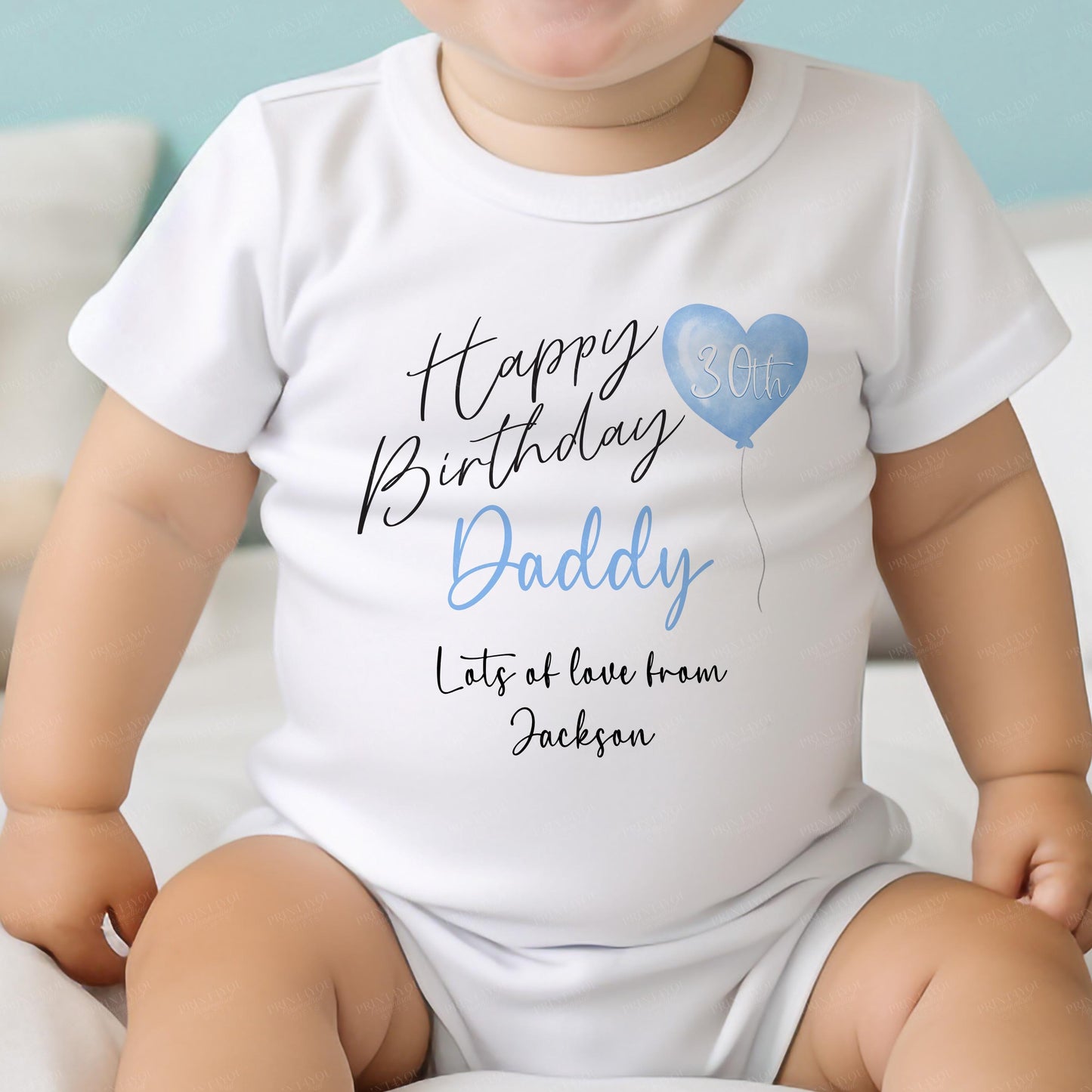 Personalised elephant Happy Birthday Daddy vest, front view showing the personalised print.