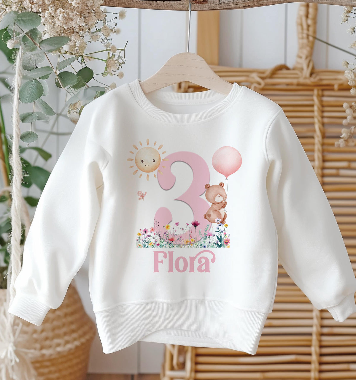 Personalised white cotton sweatshirt with teddy bear design, custom name and birthday age, baby size 6-12 months