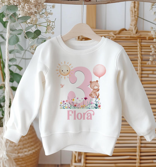Personalised Birthday Age Sweatshirt Jumper For Children. Any Age, White Cotton Sweatshirt – Teddy bear Number and name - 6-12 months